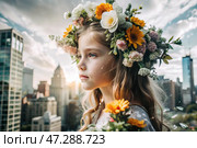 Portrait of a young girl. A conceptual artistic close-up shot against the background of a city with double exposure and visual effects. An advertising move. Стоковое AI-изображение, AI-художник Photojuli / Фотобанк Лори