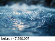 The moment a drop falls into water, creating beautiful splashes and waves. Macro photography allows you to examine in detail the texture of the water and the shape of the splashing drops. The deep blue color of the water adds freshness and dynamism to the scene. Light reflections on the surface of the water create the effect of shine and transparency. This shot conveys a sense of movement and liveliness of water, emphasizing its natural beauty and unpredictability. Стоковое AI-изображение, AI-художник Анна Кривицкая / Фотобанк Лори