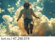 A man seemingly floating in mid-air, surrounded by clouds and particles of shattered matter. He is dressed in a loose white shirt and dark trousers, with his hair fluttering in the air. His pose conveys calm and confidence, creating a sense of liberation or transcendence. The explosive elements in the background may symbolize a breakthrough, an inner awakening, or a dramatic moment of transition. The bright sky with sunlight contrasts with the chaos around him, creating a balance between destruction and rebirth. Стоковое AI-изображение, AI-художник Анна Кривицкая / Фотобанк Лори