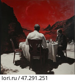 Two men sitting at a table covered with a white tablecloth in a deserted landscape. They are engaged in a leisurely conversation, their postures are relaxed, but their gaze is intense. The background of the landscape evokes an unsettling feeling: the sky is bathed in a deep blood-red color, creating a sense of an apocalyptic atmosphere or a premonition of disaster. The black mountains and gloomy architecture in the background give the scene a mysterious and dramatic feel.The contrast between the white of the tablecloth and the darkness of the surrounding space emphasizes the isolation of the characters. Red dominates the composition, symbolizing danger, violence or fatality. The painting leaves many questions about its subject: who are these people, where are they, and why does the background seem so threatening? Стоковое AI-изображение, AI-художник Анна Кривицкая / Фотобанк Лори