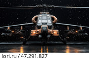 A powerful attack helicopter standing in the rain in a dark atmosphere. The front view emphasizes its aggressive, menacing appearance, and the raindrops reflecting in the light create a dynamic effect. The helicopter is equipped with various types of weapons, including missiles and cannons, emphasizing its combat power. The lighting enhances the drama of the scene, creating a contrast between the cold steel of the body and the warm reflections of the light. Стоковое AI-изображение, AI-художник Анна Кривицкая / Фотобанк Лори