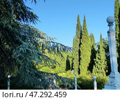 Парк санатория "Родина", построенного в 1950-1953 гг. Крымский пейзаж. Южный берег Крыма, Гаспра, Россия (2019 год). Стоковое фото, фотограф Сергей Елизарьев / Фотобанк Лори