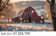 Snow-covered barn surrounded by frosted trees at dawn in a tranquil rural landscape. Стоковое AI-изображение, AI-художник Сергей Толмачёв / Фотобанк Лори