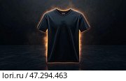 Black t-shirt mockup on dark smoke background, front view. Элегантная черная футболка прекрасно смотрится в атмосфере, наполненной дымом, что усиливает ее привлекательность. Стоковое AI-изображение, AI-художник Katsiaryna Repich / Фотобанк Лори