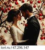 A romantic scene reminiscent of a painted portrait. A young couple in wedding attire stand in a tender embrace, touching their foreheads. The groom is dressed in an elegant black tuxedo with a bow tie, and the bride in a sophisticated white dress with lace sleeves. Their pose is filled with sensuality and intimacy, creating an atmosphere of love and harmony.The background is a decorative image of apple tree branches with bright red apples and autumn leaves. The color scheme combines warm shades of beige, red and gold, emphasizing the symbolism of love, temptation and fateful unity. The composition has an artistic, slightly fairy-tale style. Стоковое AI-изображение, AI-художник Анна Кривицкая / Фотобанк Лори