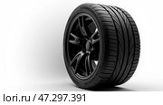A High-Performance Black Tire With Intricate Tread Design Displayed Against a White Background for Automotive Enthusiasts and Marketers. Стоковое AI-изображение, AI-художник Sergey Grishin / Фотобанк Лори