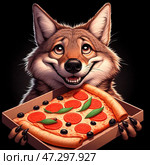 Койот с пиццей в лапах. Coyote with pizza in his paws. Стоковое AI-изображение, AI-художник Igor Murashko / Фотобанк Лори