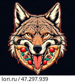 Койот с пиццей в лапах. Coyote with pizza in his paws. Стоковое AI-изображение, AI-художник Igor Murashko / Фотобанк Лори