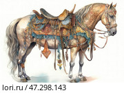 A magnificent horse with luxurious decoration, decorated with complex patterns, precious pendants and decorative harness. The horse has light hair with smooth shades, a long, slightly wavy mane and an expressive look. The saddle and blanket are richly embroidered with gold and blue fabrics, lace and tassels, creating the impression of a royal outfit. The image is made in watercolor technique, with light, smooth lines and soft colors, which gives it sophistication and refinement. The work is reminiscent of illustrations in old books about royal processions or oriental fairy tales. Стоковое AI-изображение, AI-художник Анна Кривицкая / Фотобанк Лори