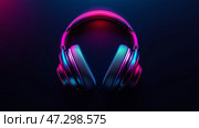 Colorful headphones with neon lighting against a dark background emphasize modern audio technology and design aesthetics. Цветные наушники с неоновой подсветкой на темном фоне подчеркивают современные аудиотехнологии и эстетику дизайна. Стоковое AI-изображение, AI-художник Katsiaryna Repich / Фотобанк Лори