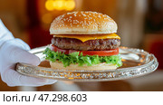 Delicious cheeseburger served on a silver platter with fresh lettuce and tomato at a bustling restaurant. Вкуснейший чизбургер, поданный на серебряном блюде со свежим салатом и помидорами в шумном ресторане. Стоковое AI-изображение, AI-художник Katsiaryna Repich / Фотобанк Лори