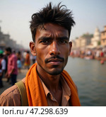 A young man stands thoughtfully by the Ganges River in Varanasi, surrounded by the lively atmosphere Generative AI. Стоковое AI-изображение, AI-художник Юлия Петровская / Фотобанк Лори