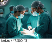 Surgical Team Performing a Medical Procedure in a Well-Lit Operating Room During a Busy Day in the Hospital. Стоковое AI-изображение, AI-художник Sergey Grishin / Фотобанк Лори