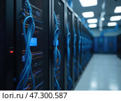 High-tech Server Room With Organized Wiring and Multiple Racks of Data Storage in a Modern Facility. Стоковое AI-изображение, AI-художник Sergey Grishin / Фотобанк Лори