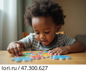Young Child Engrossed in Assembling a Colorful Puzzle at Home During a Sunny Afternoon. Стоковое AI-изображение, AI-художник Sergey Grishin / Фотобанк Лори