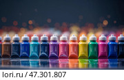 Bright collection of colorful paint bottles arranged neatly on a surface showcasing vivid hues against a blurred background. Стоковое AI-изображение, AI-художник Сергей Толмачёв / Фотобанк Лори