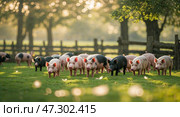 Pigs wander freely in a sunny farm field during late afternoon hours in a peaceful rural setting. Стоковое AI-изображение, AI-художник Сергей Толмачёв / Фотобанк Лори