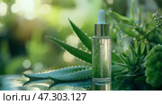 Natural skincare serum surrounded by fresh green plants in daylight. Натуральная сыворотка для ухода за кожей в окружении свежих зеленых растений при дневном свете. Стоковое AI-изображение, AI-художник Katsiaryna Repich / Фотобанк Лори