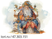 A wise old man dressed in rich traditional eastern or Asian style clothing. He sits on a luxurious throne decorated with curls, symbols and ornaments, holding a small bowl or vessel in his hands. His long gray beard and deep, penetrating gaze create the image of a great ruler, sage or keeper of knowledge. The headdress is richly decorated, and around it are pendants with fruits and plant motifs, which emphasizes the connection with nature and abundance. The painting is done in a soft watercolor technique, creating an atmosphere of magic, mystery and tradition. Стоковое AI-изображение, AI-художник Анна Кривицкая / Фотобанк Лори