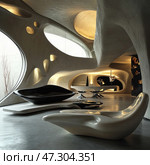 Futuristic interior in the style of organic architecture. The space is designed with smooth, curved shapes reminiscent of natural structures - caves or alien dwellings. Soft light and dark shades dominate the design, and unusual furniture - streamlined chairs, low tables and built-in niches - creates a feeling of comfort and futurism. Large windows with rounded contours let in natural light, emphasizing the smooth lines and texture of the walls. Lighting is hidden in recesses, which gives the interior a mysterious and stylish atmosphere. Стоковое AI-изображение, AI-художник Анна Кривицкая / Фотобанк Лори