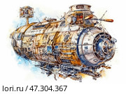A fantastic steampunk spaceship, made using watercolor technique. Its hull is covered with many details – metal panels, pipes, antennas, portholes and various mechanisms. The shape of the ship resembles a giant submarine, equipped with elements of retrofuturism. The upper part of the structure contains a control room with instruments and antennas, and the bow looks like a powerful engine or a weapons system. The color palette includes warm golden brown and metallic shades, creating the feeling of an old, but high-tech design. Стоковое AI-изображение, AI-художник Анна Кривицкая / Фотобанк Лори