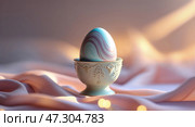 Decorative marbled egg displayed on an ornate stand against a soft, pastel background with warm light during springtime. Стоковое AI-изображение, AI-художник Сергей Толмачёв / Фотобанк Лори