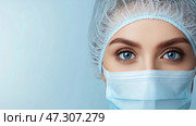 Medical professional wearing protective gear prepares for patient care. Медицинский работник в защитном снаряжении готовится к уходу за пациентом. Стоковое AI-изображение, AI-художник Katsiaryna Repich / Фотобанк Лори