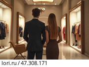 Молодая пара в формальной одежде, смотрящая на витрину модного бутика с теплой атмосферой. Стоковое AI-изображение, AI-художник Елена Болотина / Фотобанк Лори