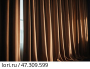 Silk curtains hang gracefully by the window, caressed by a gentle breeze. The morning sun casts a warm glow, enhancing the room's inviting charm and tranquility Generative AI. Стоковое AI-изображение, AI-художник Юлия Петровская / Фотобанк Лори
