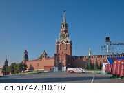 Башни Московского Кремля на Красной площади в дни проведения военно-музыкального фестиваля "Спасская башня". Москва, Россия (2024 год). Редакционное фото, фотограф Елена Коромыслова / Фотобанк Лори