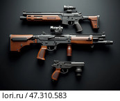 A Display of Modern Firearms Highlighting Different Designs and Functionalities on a Black Background. Стоковое AI-изображение, AI-художник Sergey Grishin / Фотобанк Лори