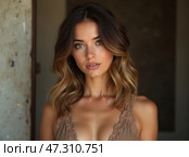 A Woman With Wavy Hair and Radiant Skin Poses Confidently Against a Textured Background in Soft Natural Lighting. Стоковое AI-изображение, AI-художник Sergey Grishin / Фотобанк Лори