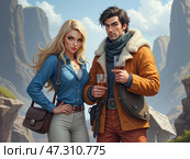 Adventurers Enjoying Drinks in a Breathtaking Rocky Landscape During Sunset in a Remote Wilderness Area. Стоковое AI-изображение, AI-художник Sergey Grishin / Фотобанк Лори