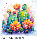A bright and cheerful watercolor composition with cacti in bloom. Cacti of various shapes and sizes are painted in rich green, blue and purple shades. Large flowers have blossomed between them - orange, yellow, red, like blazing lights. The whole scene is filled with drops, splashes and light abstraction, creating a sense of a fairy tale extravaganza. The painting expresses the power of life, stability, beauty in a harsh environment and confident movement towards a bright, blooming future. Стоковое AI-изображение, AI-художник Анна Кривицкая / Фотобанк Лори