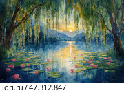 A magical landscape painted in watercolor. In the foreground is a quiet lake covered with green water lilies and pink lotus flowers. Long willow branches hang on either side of the composition, forming a picturesque arch through which the sunset opens up. The sun slowly sets behind the mountains in the distance, leaving a golden path on the surface of the water. The atmosphere is filled with calm, tenderness and hope. The painting seems to invite you to stop, take a deep breath and imagine a bright, peaceful future where harmony with nature is not a dream, but a reality. Стоковое AI-изображение, AI-художник Анна Кривицкая / Фотобанк Лори