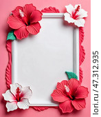 Vibrant hibiscus blooms in rich red and soft white encircle an empty space, inviting creativity against a playful pink background that radiates warmth Generative AI. Стоковое AI-изображение, AI-художник Юлия Петровская / Фотобанк Лори