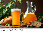 Still life with kvass, rye bread on a wooden background. Стоковое AI-изображение, AI-художник Марина Володько / Фотобанк Лори