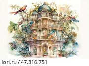 A fantastic, fairy-tale palace surrounded by lush tropical vegetation. The architecture of the palace resembles an exotic gazebo with domes and many balconies. The entire structure is literally drowning in foliage and flowers. Bright exotic birds sit on various levels and branches - parrots, birds of paradise and other colorful species. The composition is made in the style of watercolor, with soft, gentle transitions of colors, creating a magical atmosphere. Стоковое AI-изображение, AI-художник Анна Кривицкая / Фотобанк Лори