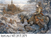 A fantastic scene in the style of a fairy tale illustration. A woman in a rich, elegant dress rides a white horse through a mesmerizing landscape full of ornate trees, mountains and frozen rivers. Her hair flutters in the wind, and her face expresses determination and nobility. In the background is a majestic castle, decorated with towers and carved elements, standing at the foot of the mountains. The atmosphere is filled with the spirit of travel, devotion and great purpose. The whole image is as if from an ancient legend about a heroine who brings knowledge, hope or a fateful message. Стоковое AI-изображение, AI-художник Анна Кривицкая / Фотобанк Лори