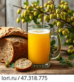 Still life with kvass, rye bread on a wooden background. Стоковое AI-изображение, AI-художник Марина Володько / Фотобанк Лори