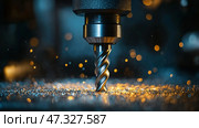 Close-up of a cutting tool operating on metal in a workshop environment. Режущий инструмент активно обрабатывает металл, создавая искры и металлическую стружку в мастерской. Тускло освещенный фон подчеркивает замысловатую конструкцию и точность инструмента. Стоковое AI-изображение, AI-художник Katsiaryna Repich / Фотобанк Лори