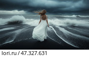 Woman in white dress walking along stormy beach under dark clouds. Женщина в струящемся белом платье прогуливается по пляжу с черным песком, а вокруг нее плещутся волны. Темные грозовые тучи доминируют на небе, создавая драматическую атмосферу. Стоковое AI-изображение, AI-художник Katsiaryna Repich / Фотобанк Лори