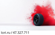 Artistic splash of red paint with a stylish black tire on a white background. Черная шина прислонена к белой стене, а позади нее красуется взрыв красной краски, создавая динамичный контраст и энергичный настрой. Эта креативная экспозиция эффективно привлекает внимание. Стоковое AI-изображение, AI-художник Katsiaryna Repich / Фотобанк Лори