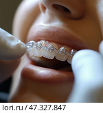 Young person receiving clear aligners for teeth straightening at dental clinic. В клинике стоматолог устанавливает на зубы пациента прозрачные выравнивающие аппараты. Процедура направлена на достижение более ровной улыбки с помощью современных методов ортодонтического лечения. Стоковое AI-изображение, AI-художник Katsiaryna Repich / Фотобанк Лори