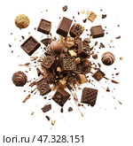 Luxury dark chocolate pralines and truffles explosion with gold decoration and cocoa splashes on white background, premium handcrafted chocolate bonbons in dynamic composition for confectionery. Стоковое AI-изображение, AI-художник Сергей Тимофеев / Фотобанк Лори