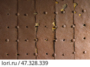 Himeji, Japan - Sep 24 2024, A close-up view of a metal surface consisting of old, rusty, partially destroyed iron sheets with rivets, inside Himeji Castle, White Heron Castle, Himeji, Japan. Стоковое фото, фотограф Сергей Богомяко / Фотобанк Лори