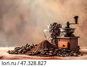 Still life with an antique hand coffee grinder, ground coffee piled high and coffee beans on a dark wooden table. Стоковое AI-изображение, AI-художник Iva Noel / Фотобанк Лори