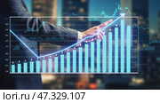 A business professional is signaling towards an upward-trending financial graph displayed on a screen, showcasing city lights in the background, suggesting economic growth and innovation. Стоковое AI-видео, аниматор Sergey Grishin / Фотобанк Лори