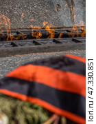 Fragment of the memorial composition: in the foreground is the St. George ribbon with its characteristic black and orange stripes, lying on flowers and fir branches. In the background is the eternal flame, a symbol of memory, respect and sorrow. The fire burns with living tongues of flame, reflected in the metal and stone of the memorial. The entire image is permeated with a solemn, solemn atmosphere, recalling the feat, sacrifice and the need to preserve historical memory for the sake of the future. Стоковое фото, фотограф Анна Кривицкая / Фотобанк Лори