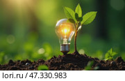 An electric light bulb illuminates new plant sprouts on a green background. Renewable energy sources. Clean energy. Environmental protection. Стоковое AI-видео, аниматор Алёна Золотухина / Фотобанк Лори